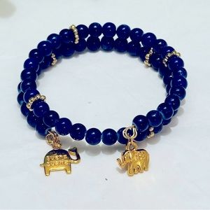 Handmade Blue/Gold Bracelet. Gorgeous Elephant Charms. Made with Memory Wire.